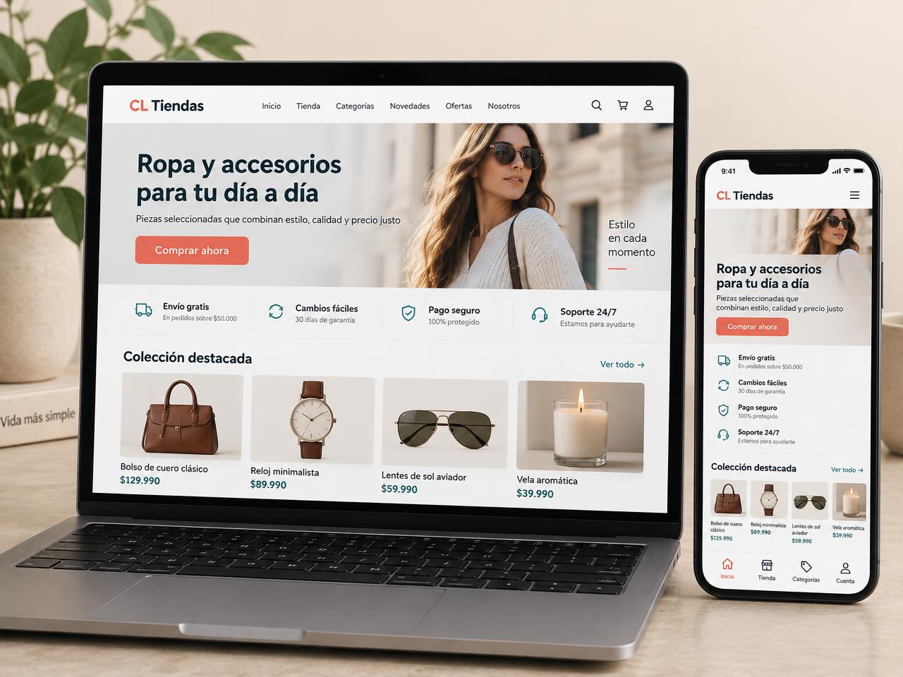 Vista previa de una tienda online moderna en computador y teléfono